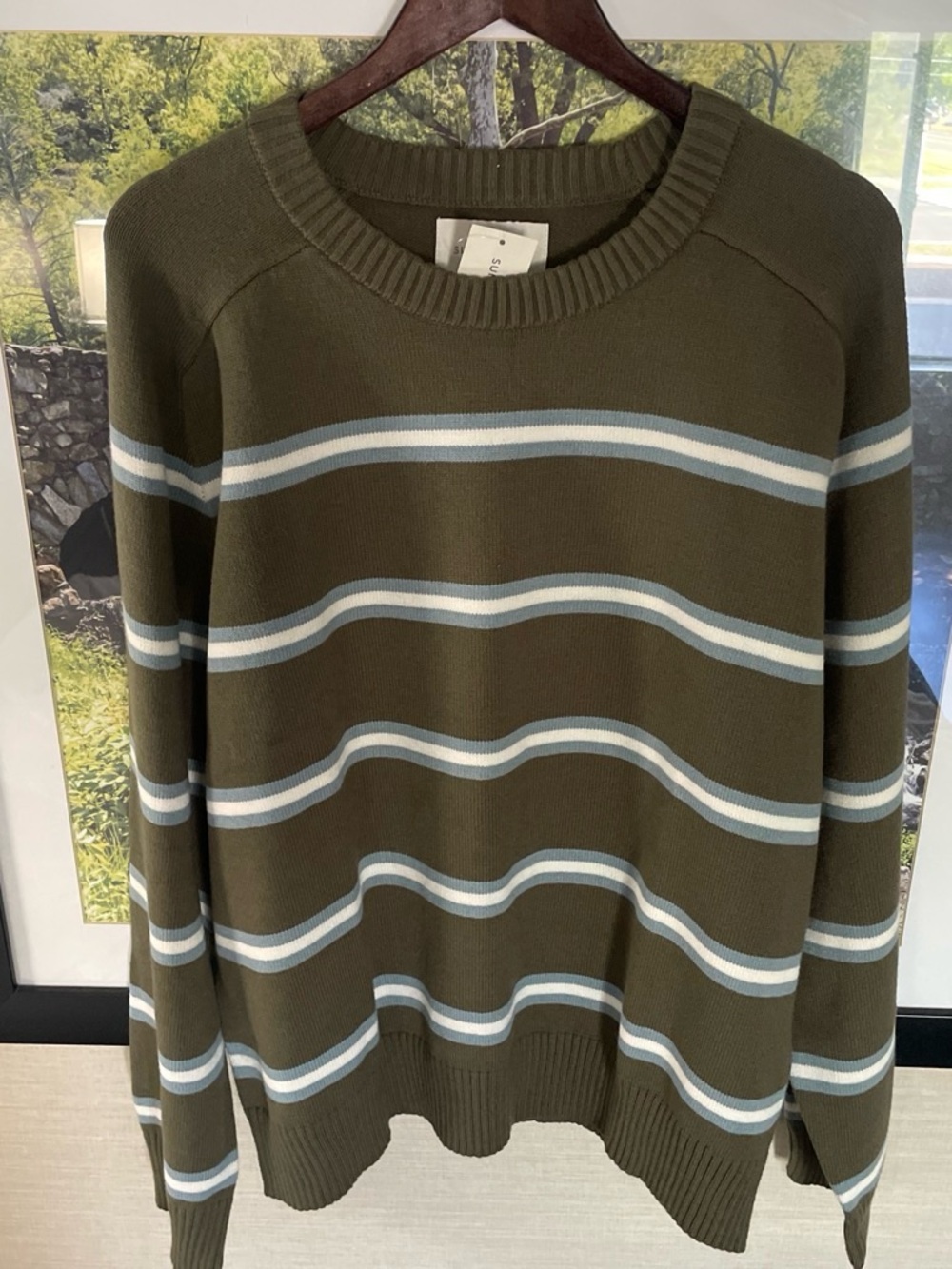 Men's Olive Green Striped Crewneck Sweater